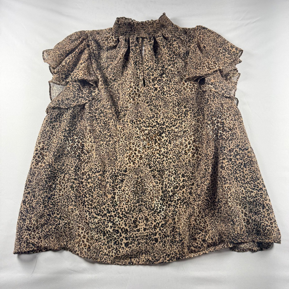 1.STATE Leopard Print Smocked High Neck Flutter Sleeve Blouse Plus Size 1X Brown - Picture 3 of 9